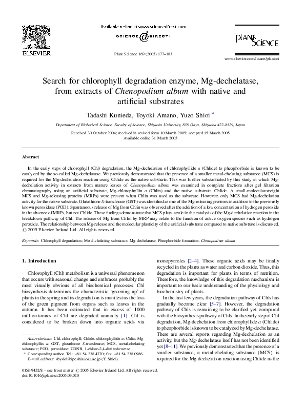 (PDF) Search for chlorophyll degradation enzyme, Mg-dechelatase, from ...