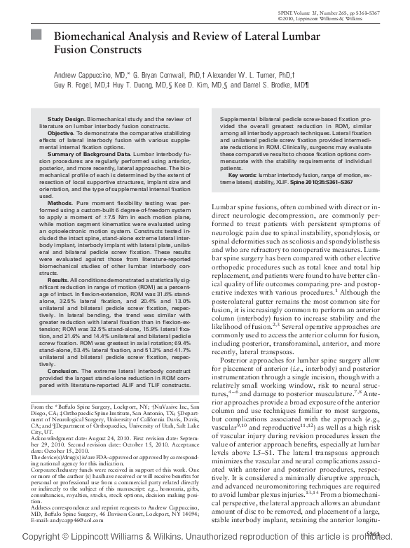 (PDF) Biomechanical Analysis and Review of Lateral Lumbar Fusion Constructs