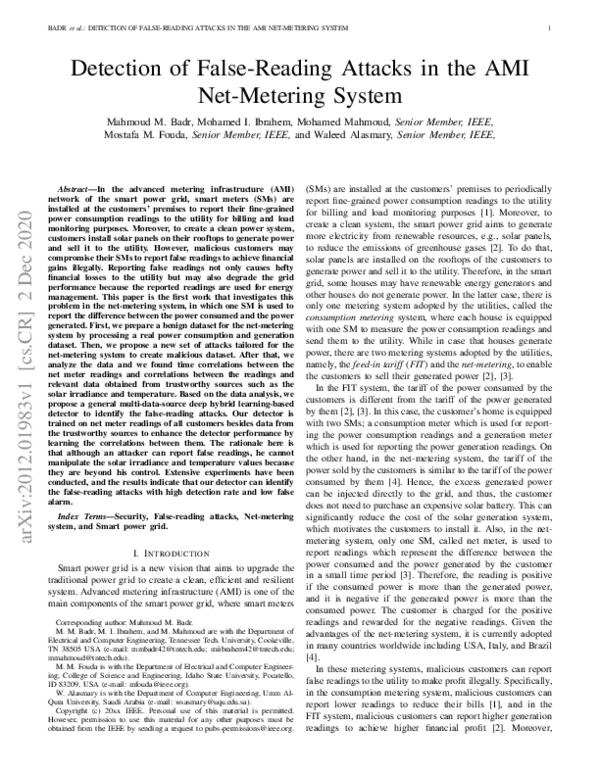 (PDF) Detection of False-Reading Attacks in the AMI Net-Metering System