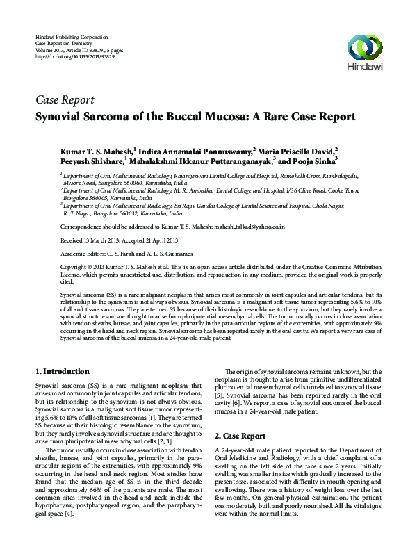 (PDF) Synovial Sarcoma of the Buccal Mucosa: A Rare Case Report