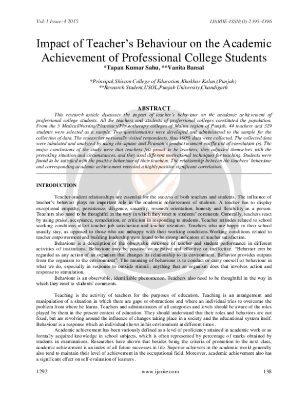 Pdf Impact Of Teacher S Behaviour On The Academic Achievement Of