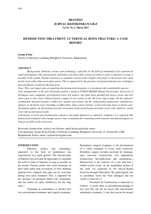 (PDF) Hemisection Treatment at Vertical Root Fracture: A Case Report