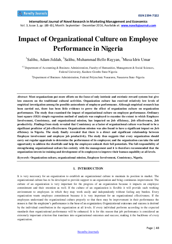 (PDF) Impact of Organizational Culture on Employee Performance in Nigeria