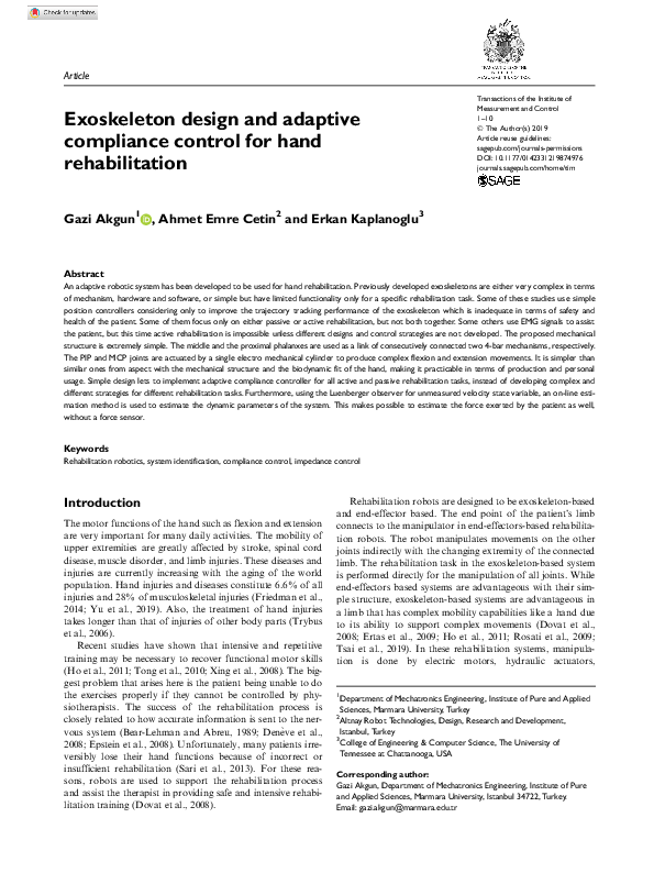 (PDF) Exoskeleton design and adaptive compliance control for hand ...