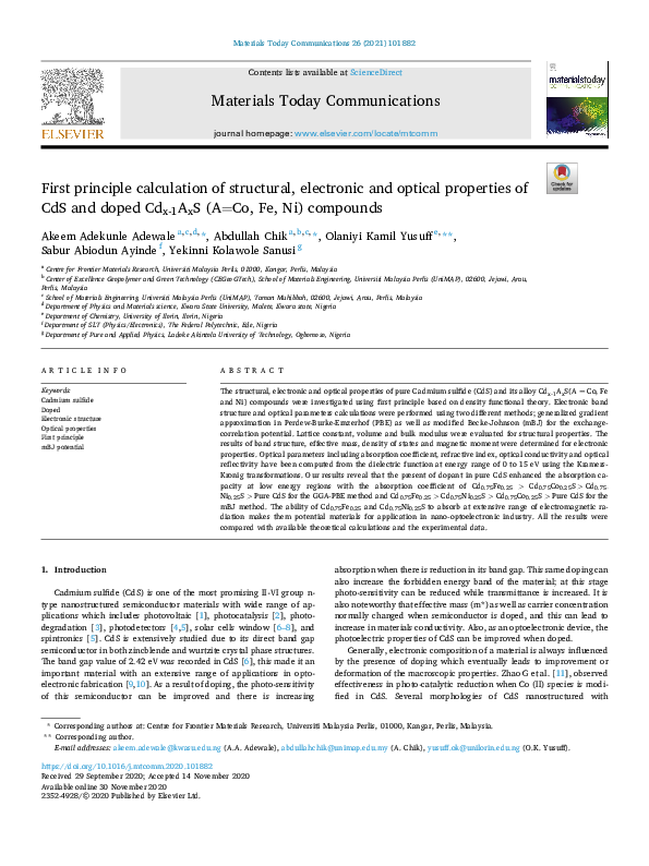 (PDF) First principle calculation of structural, electronic and optical ...