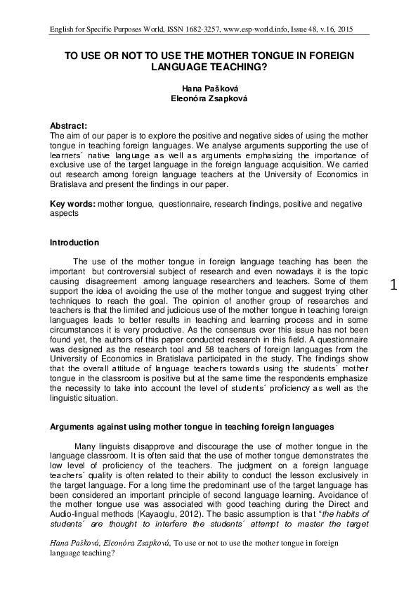 (PDF) To Use or Not to Use the Mother Tongue in Foreign Language Teaching?
