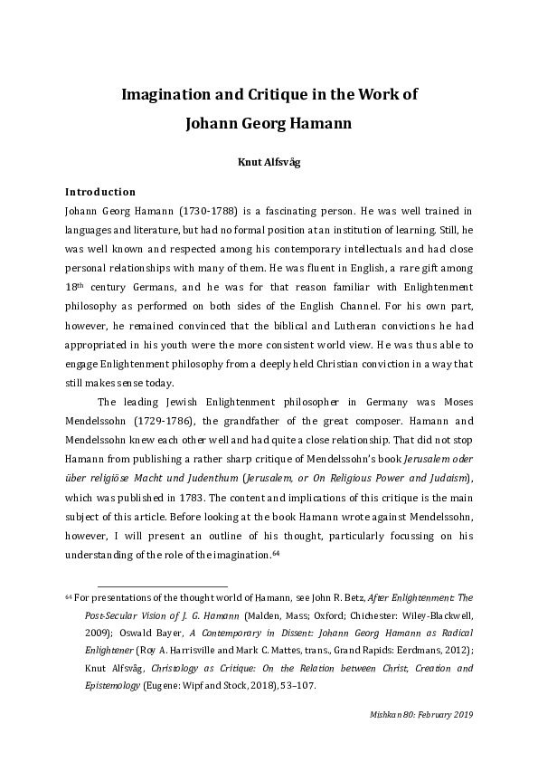 (PDF) Imagination and critique in the work of Johann Georg Hamann