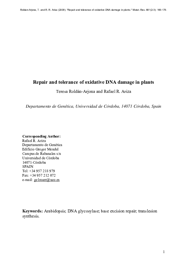 (PDF) Repair and tolerance of oxidative DNA damage in plants