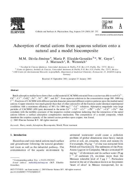 (PDF) Adsorption of metal cations from aqueous solution onto a natural ...
