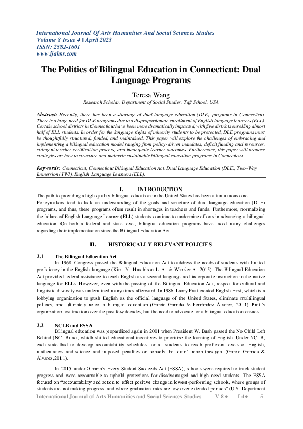 Pdf The Politics Of Bilingual Education In Connecticut Dual Language