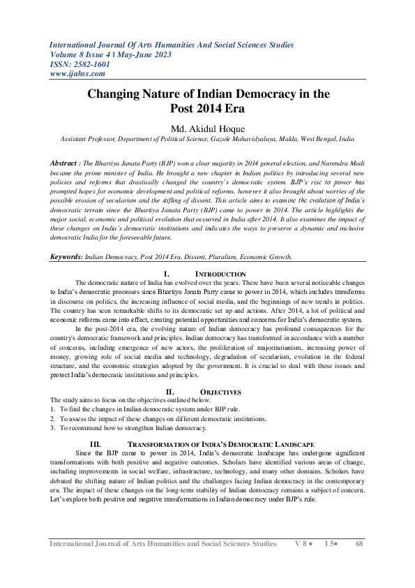 (PDF) Changing Nature of Indian Democracy in the Post 2014 Era