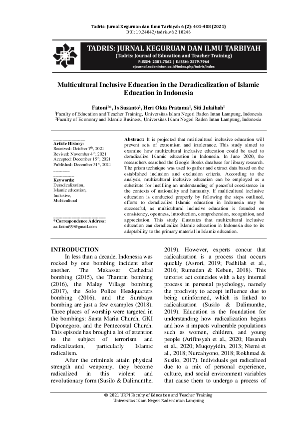 (PDF) Multicultural Inclusive Education in the Deradicalization of ...