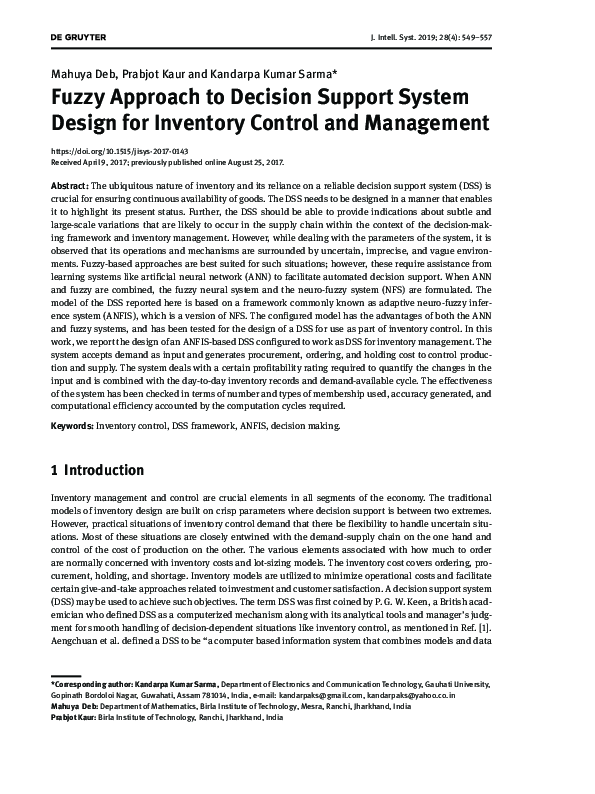(PDF) Fuzzy Approach to Decision Support System Design for Inventory ...