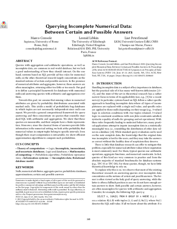 (PDF) Querying Incomplete Numerical Data: Between Certain and Possibile ...