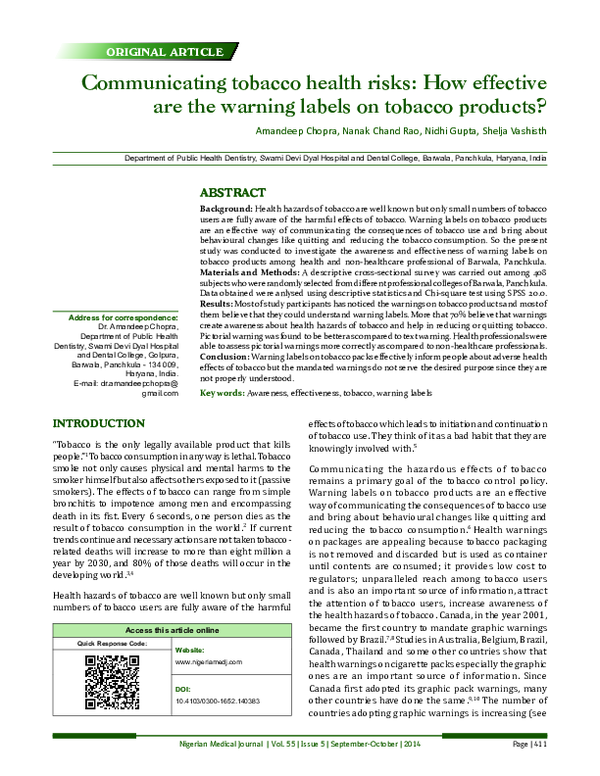 (PDF) Communicating tobacco health risks: How effective are the warning ...