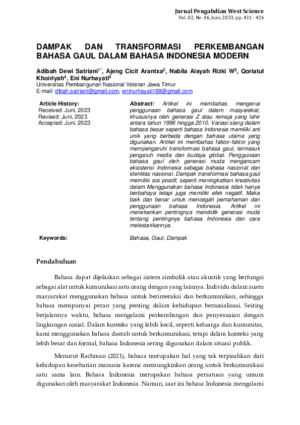 (PDF) Dampak Dan Transformasi Perkembangan Bahasa Gaul Dalam Bahasa