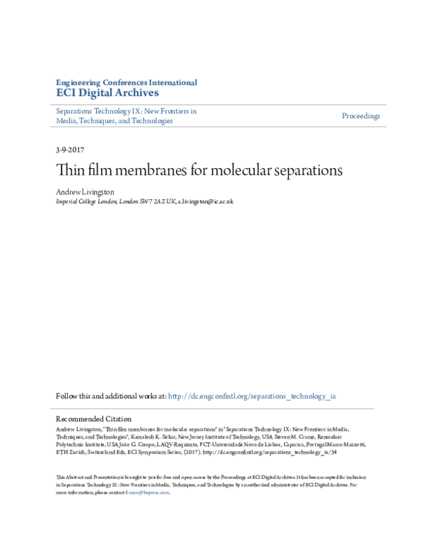 (PDF) Thin film membranes for molecular separations