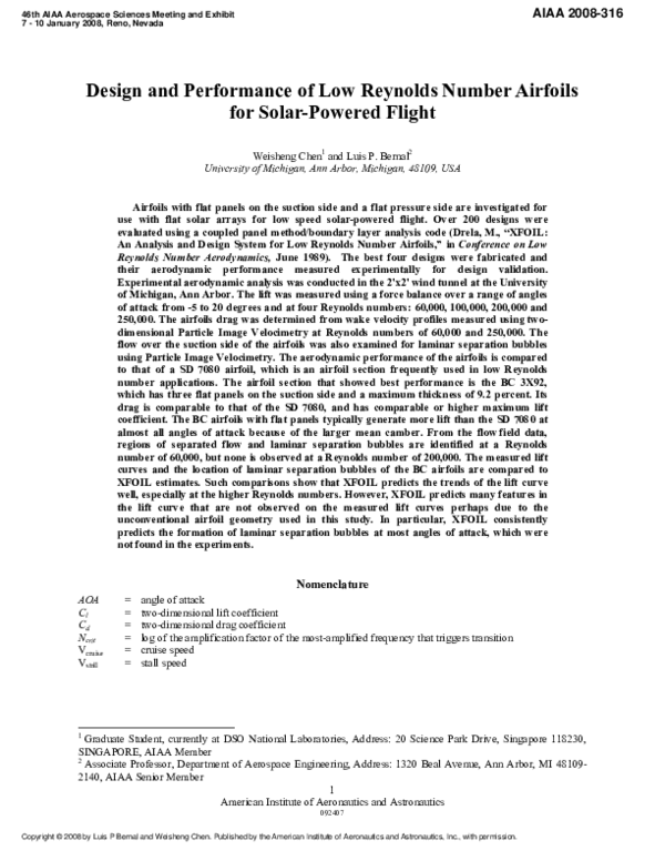 (PDF) Design and Performance of Low Reynolds Number Airfoils for Solar ...