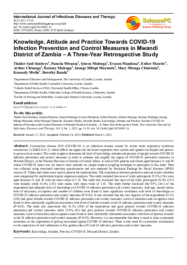 (PDF) Knowledge, Attitude and Practice Towards COVID-19 Infection ...