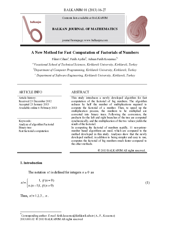 (PDF) A New Method for Fast Computation of Factorials of Numbers