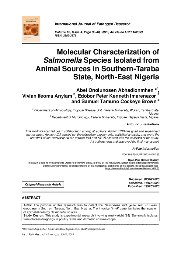 (PDF) Molecular Characterization of Salmonella Species Isolated from ...