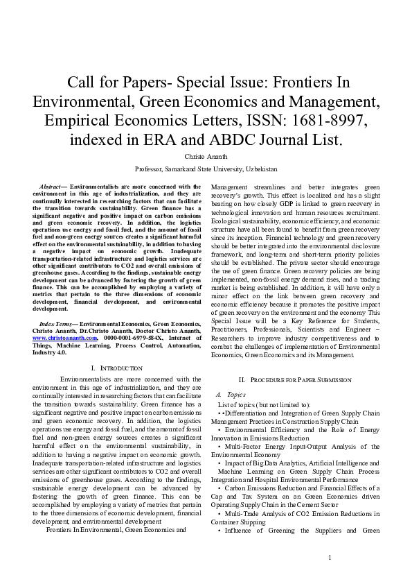 (PDF) Call for Papers-Special Issue: Frontiers In Environmental, Green ...