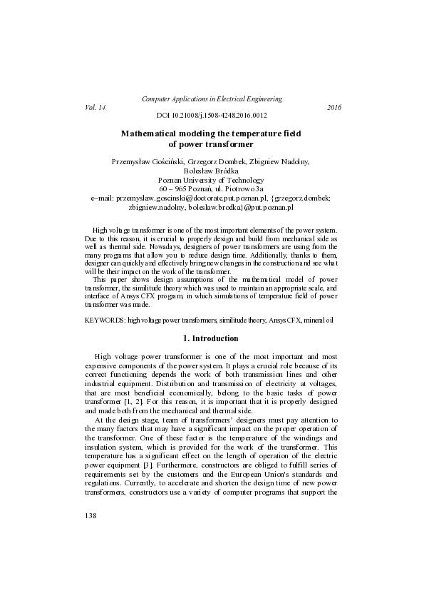 (PDF) Mathematical modeling the temperature field of power transformer