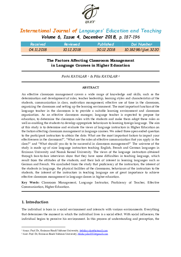 (PDF) The Factors Affecting Classroom Management in Language Courses in ...
