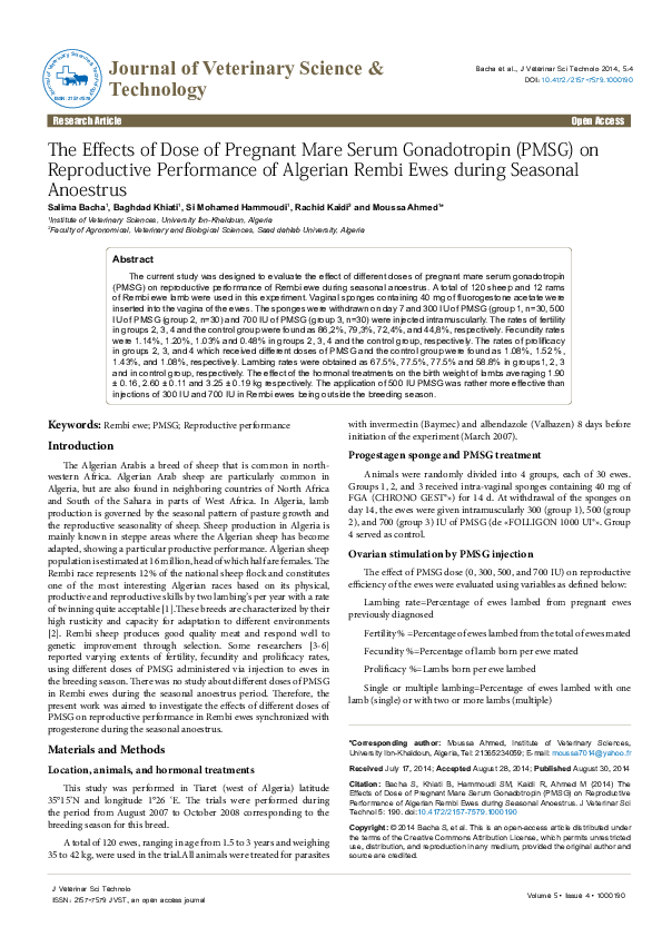 (PDF) The Effects of Dose of Pregnant Mare Serum Gonadotropin (PMSG) on ...