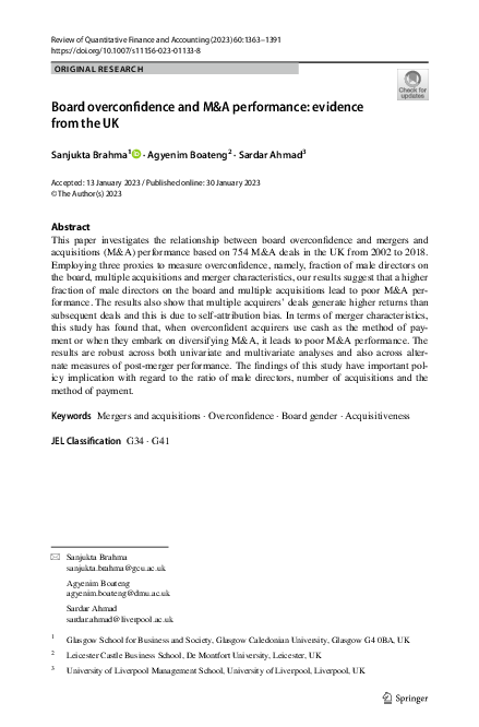 (PDF) Board overconfidence and M&A performance: evidence from the UK