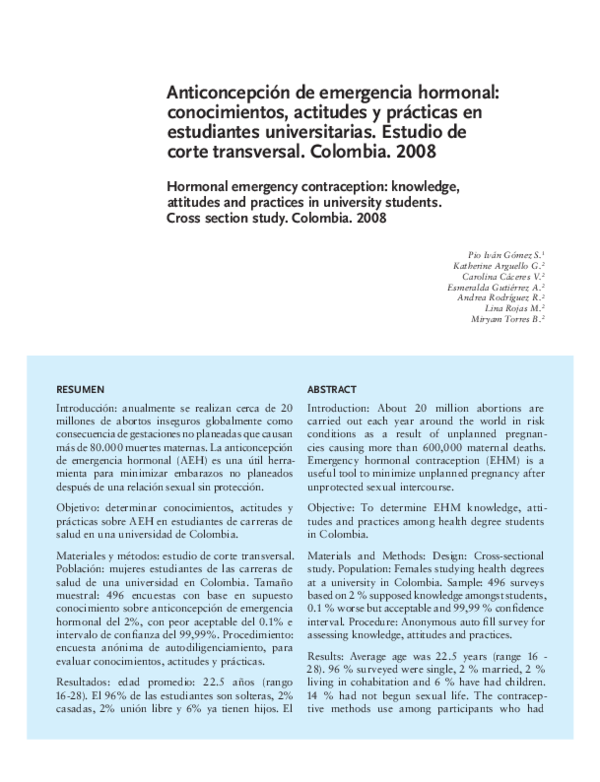 Anticoncepción de emergencia hormonal: Conocimientos, actitudes y prácticas en estudiantes universitarias. Estudio de corte transversal. Colombia. 2008