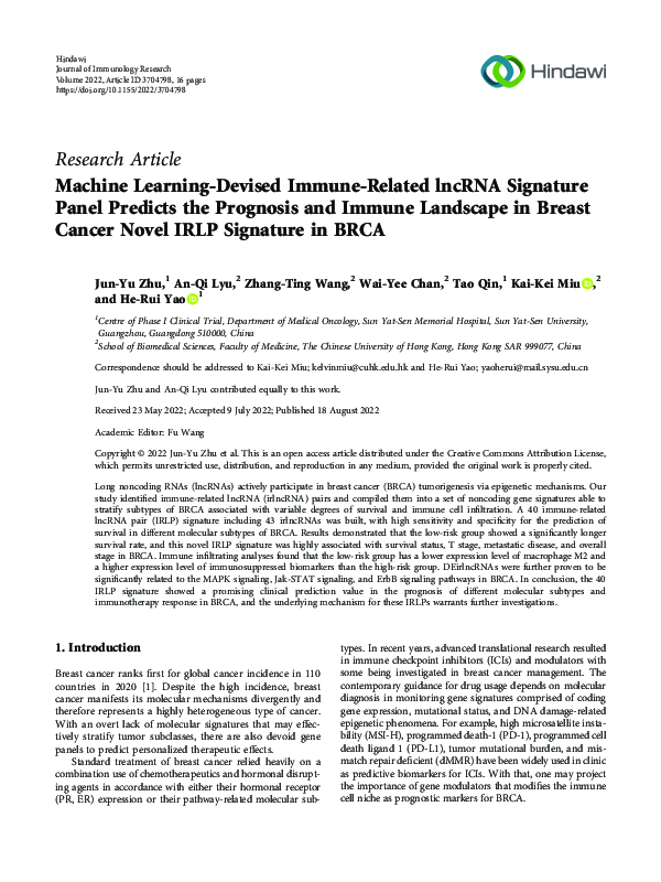 (PDF) Machine Learning-Devised Immune-Related lncRNA Signature Panel ...