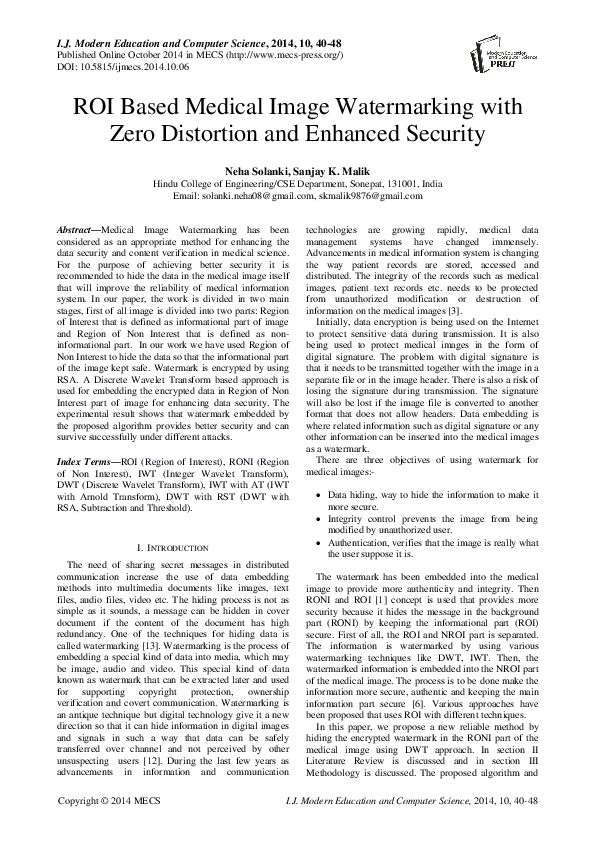 (PDF) ROI Based Medical Image Watermarking with Zero Distortion and ...
