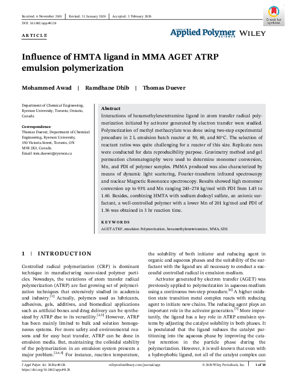 (PDF) Influence of HMTA ligand in MMA AGET ATRP emulsion polymerization