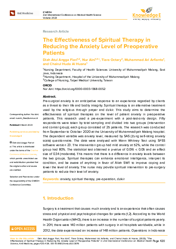 (PDF) The Effectiveness of Spiritual Therapy in Reducing the Anxiety ...