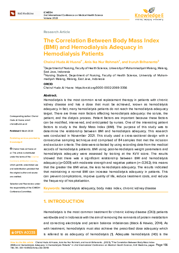 (PDF) The Correlation Between Body Mass Index (BMI) and Hemodialysis ...