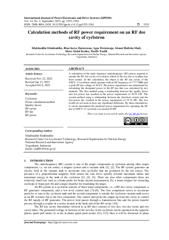 (PDF) Calculation methods of RF power requirement on an RF dee cavity ...
