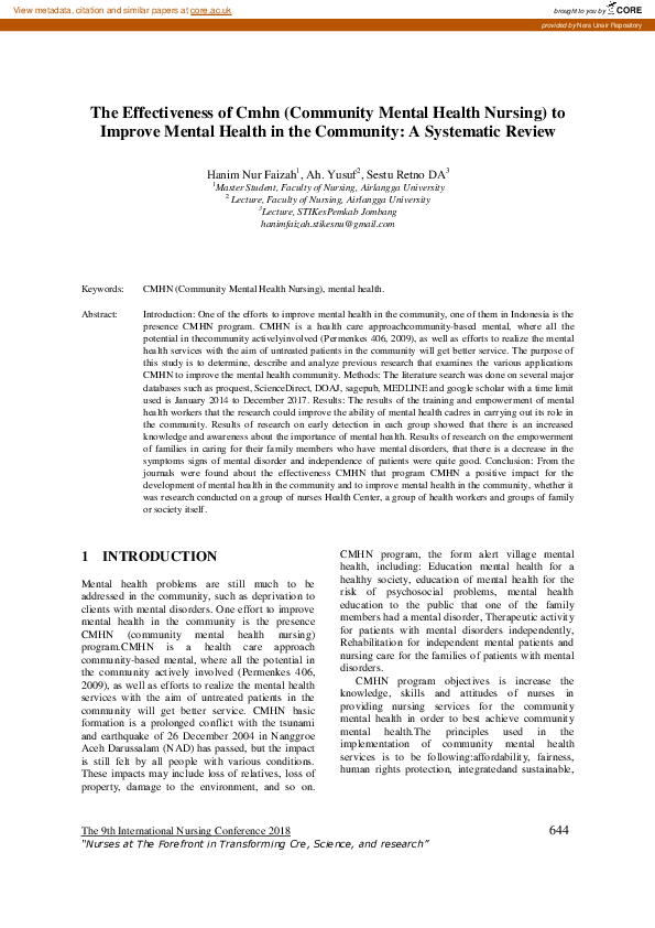 (PDF) The Effectiveness of Cmhn (Community Mental Health Nursing) to ...