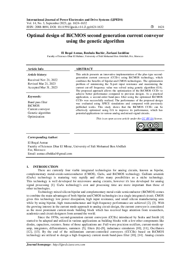 (PDF) Optimal design of BiCMOS second generation current conveyor using ...