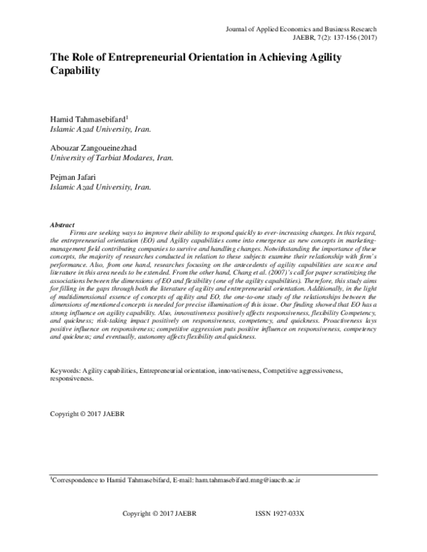 (PDF) The Role of Entrepreneurial Orientation in Achieving Agility ...