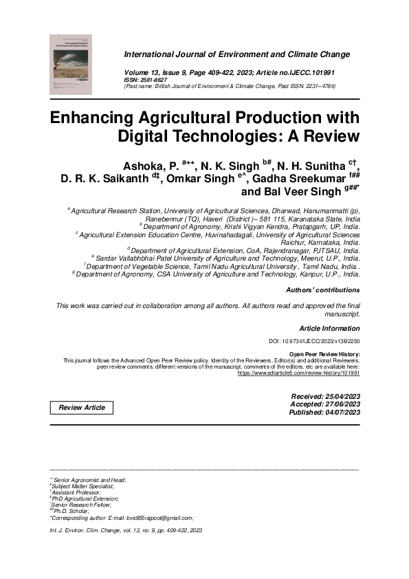 (PDF) Enhancing Agricultural Production with Digital Technologies: A Review