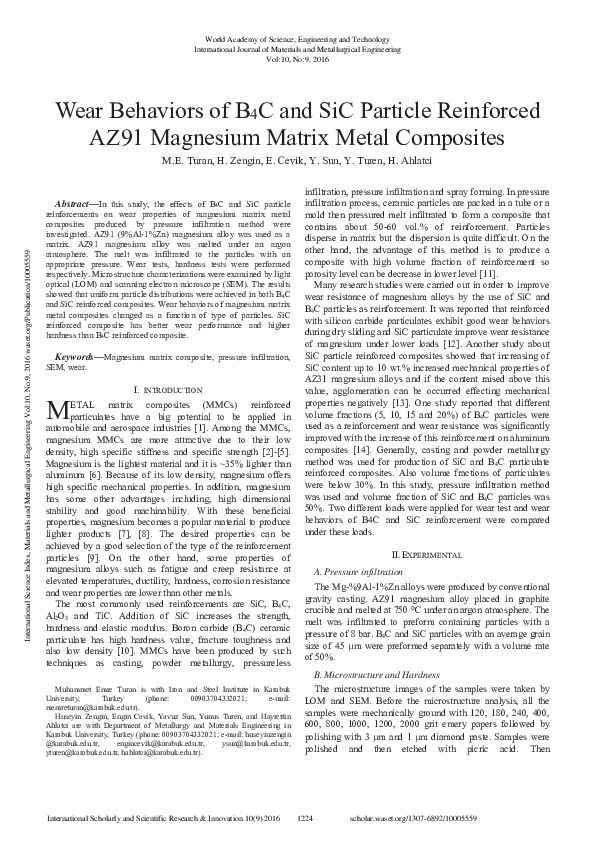 (PDF) Wear Behaviors Of B4C And Sic Particle Reinforced Az91 Magnesium ...