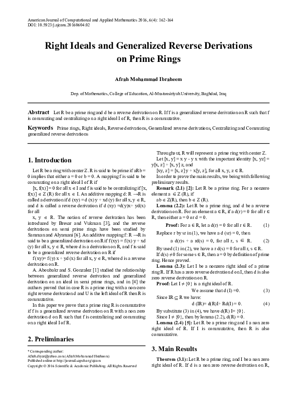 (PDF) Reverse Derivations in Prime Rings with Right Ideals
