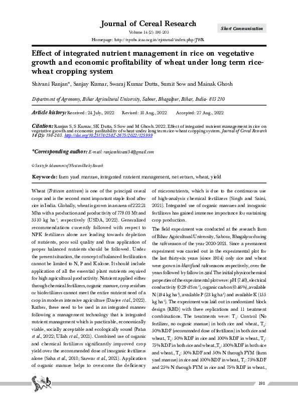(PDF) Effect of integrated nutrient management in rice on vegetative ...