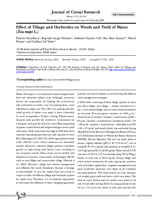 (PDF) Effect of Tillage and Herbicides on Weeds and Yield of Maize (Zea ...