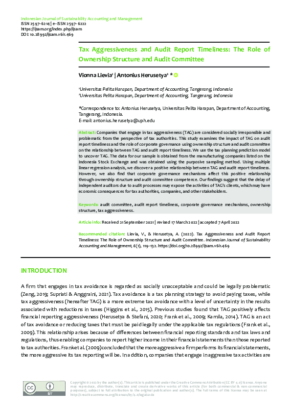 (PDF) Tax Aggressiveness and Audit Report Timeliness: The Role of ...