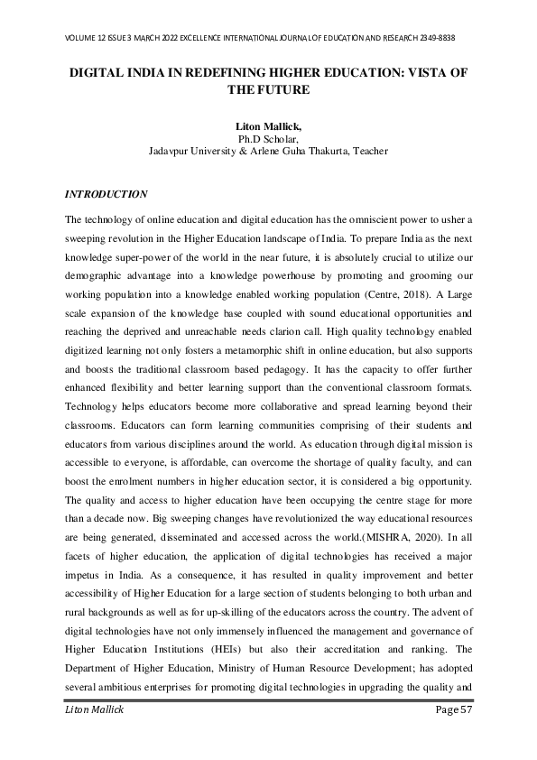 (PDF) DIGITAL INDIA IN REDEFINING HIGHER EDUCATION: VISTA OF THE FUTURE
