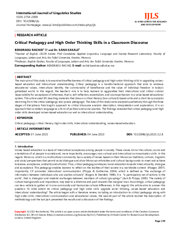 (PDF) Critical Pedagogy and High Order Thinking Skills in a Classroom ...