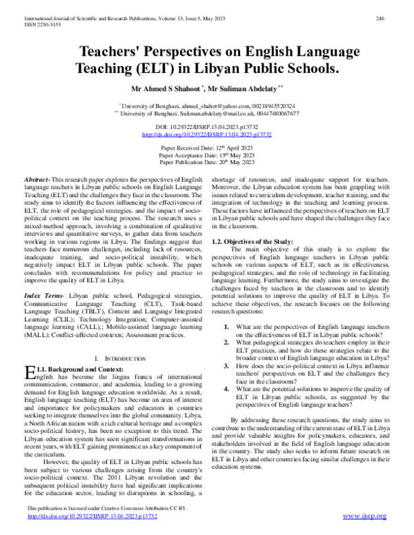 (PDF) Teachers Perspectives on English Language Teaching (ELT) in ...