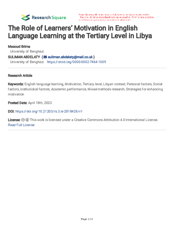 (PDF) The Role of Learners’ Motivation in English Language Learning at ...